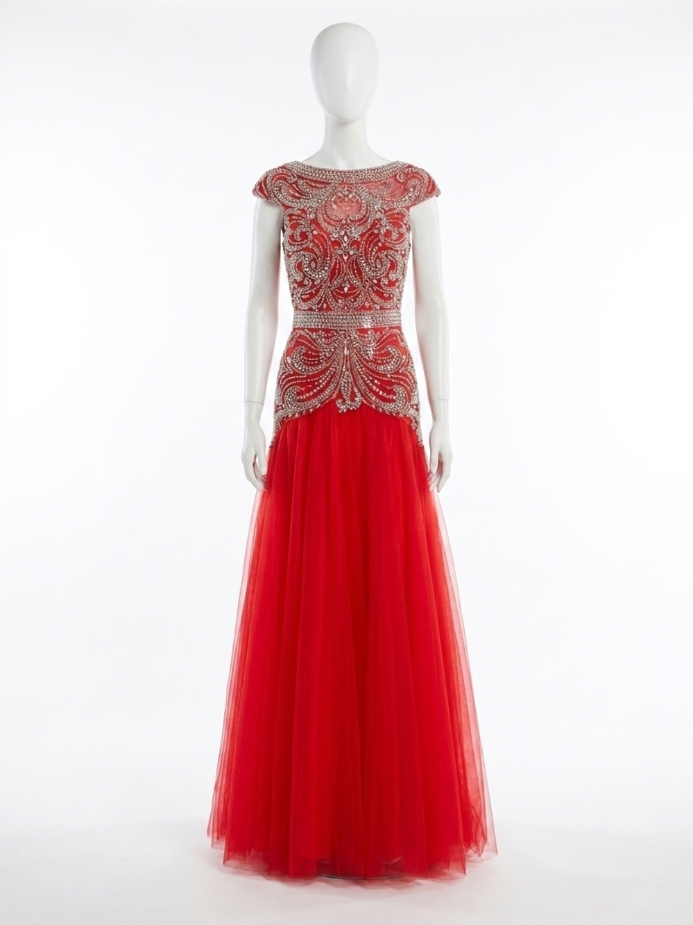 NEW MAC DUGGAL cap sleeve ornate illusion trumpet gown in red